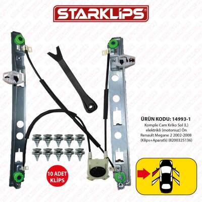 Cam Kriko Kızaklı L Ön Renault Megane 2 2002-2008 (Klips+Aparatlı) (8200325136) - 