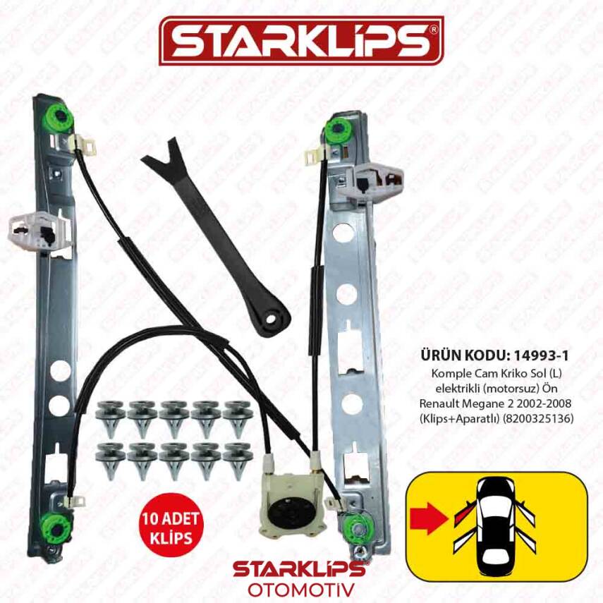 Cam Kriko Kızaklı L Ön Renault Megane 2 2002-2008 (Klips+Aparatlı) (8200325136) - 1