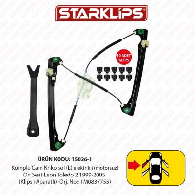 Cam Kriko Kızaklı L Ön Seat Leon Toledo 2 1999-2005 (Klips+Aparatlı) (1M0837755) - 