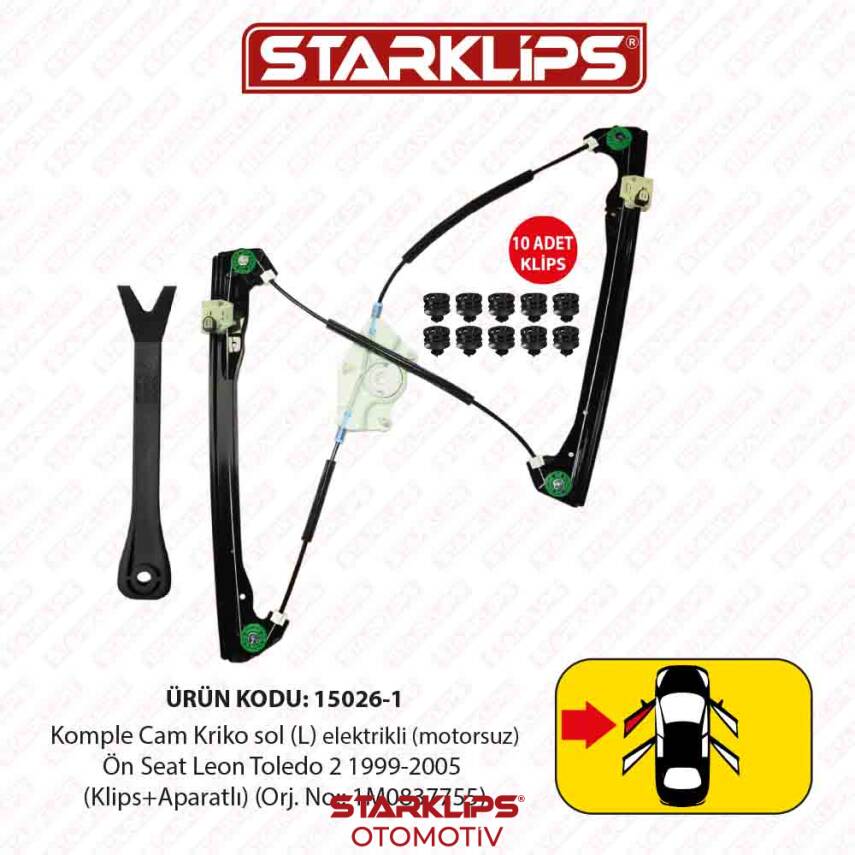 Cam Kriko Kızaklı L Ön Seat Leon Toledo 2 1999-2005 (Klips+Aparatlı) (1M0837755) - 1