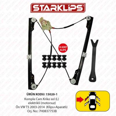 Cam Kriko Kızaklı L Ön VW T5 2003-2014 (Klips+Aparatlı) 7H0837753B - 