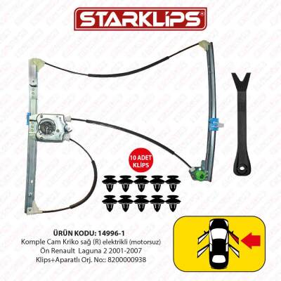 Cam Kriko Kızaklı R Ön Renault Laguna 2 2001-2007 (Klips+Aparatlı) (8200000938) - 