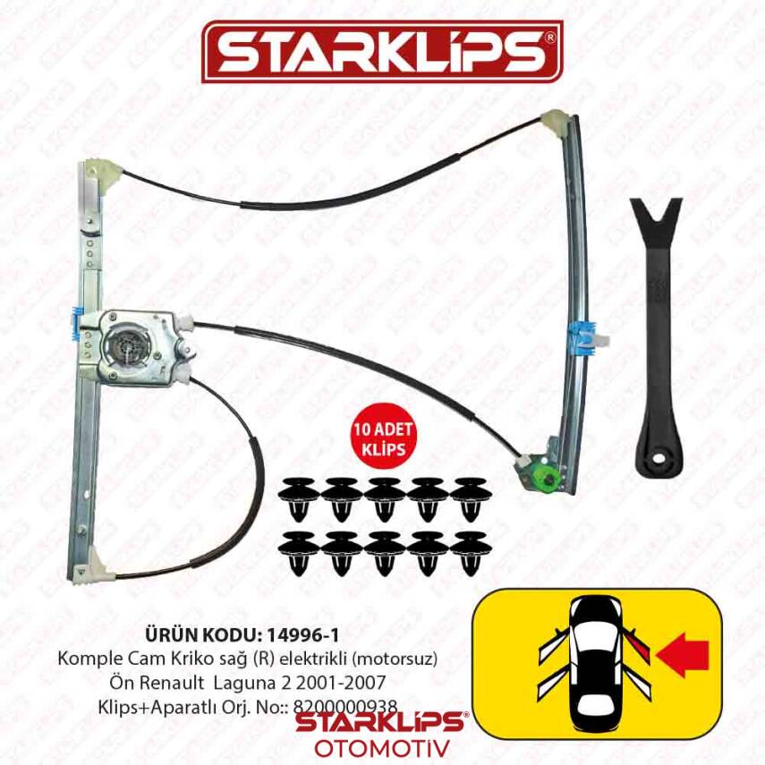 Cam Kriko Kızaklı R Ön Renault Laguna 2 2001-2007 (Klips+Aparatlı) (8200000938) - 1