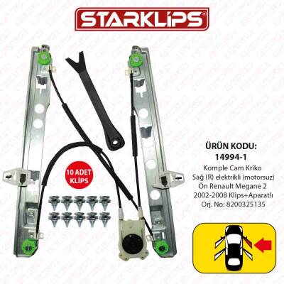 Cam Kriko Kızaklı R Ön Renault Megane 2 2002-2008 (Klips+Aparatlı) (8200325135) - 