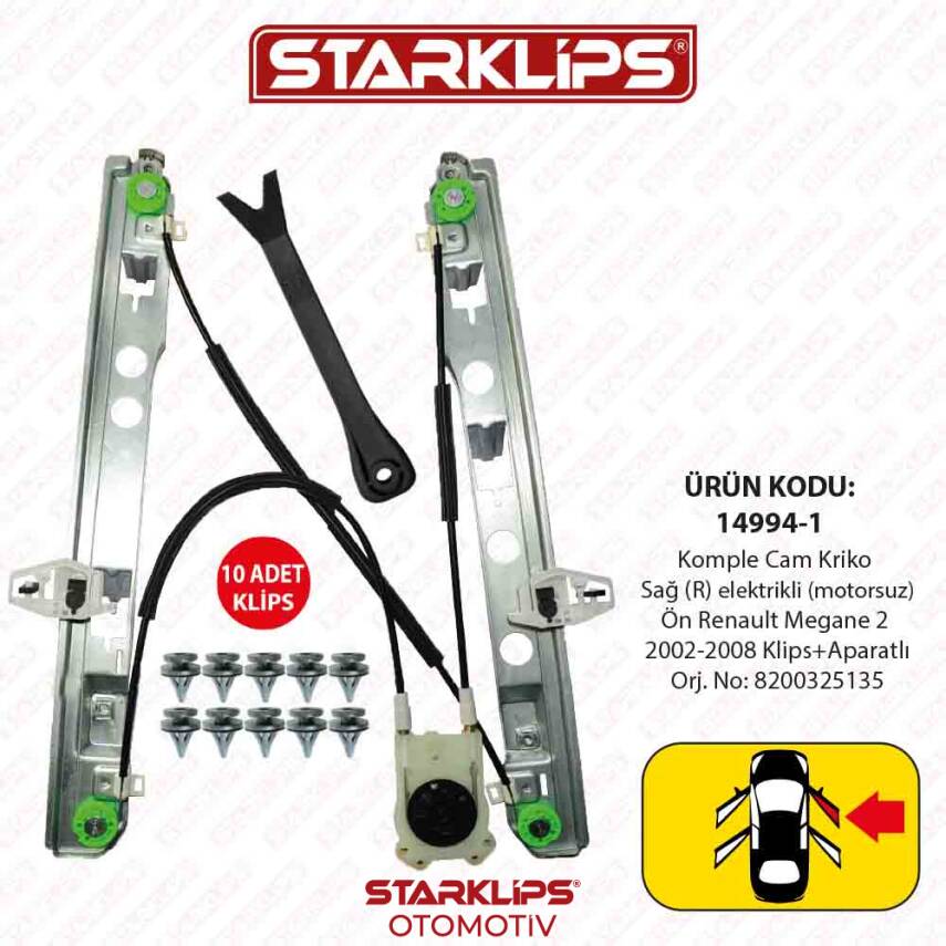 Cam Kriko Kızaklı R Ön Renault Megane 2 2002-2008 (Klips+Aparatlı) (8200325135) - 1