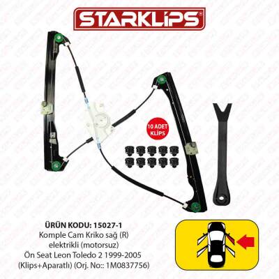 Cam Kriko Kızaklı R Ön Seat Leon Toledo 2 1999-2005 (Klips+Aparatlı) (1M0837756) - 