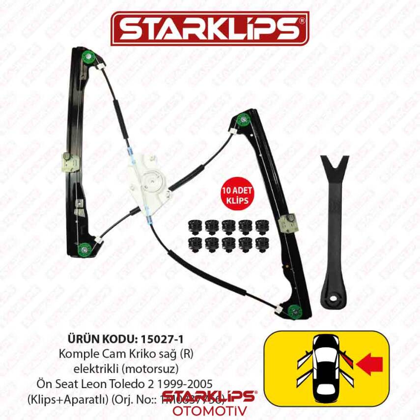 Cam Kriko Kızaklı R Ön Seat Leon Toledo 2 1999-2005 (Klips+Aparatlı) (1M0837756) - 1