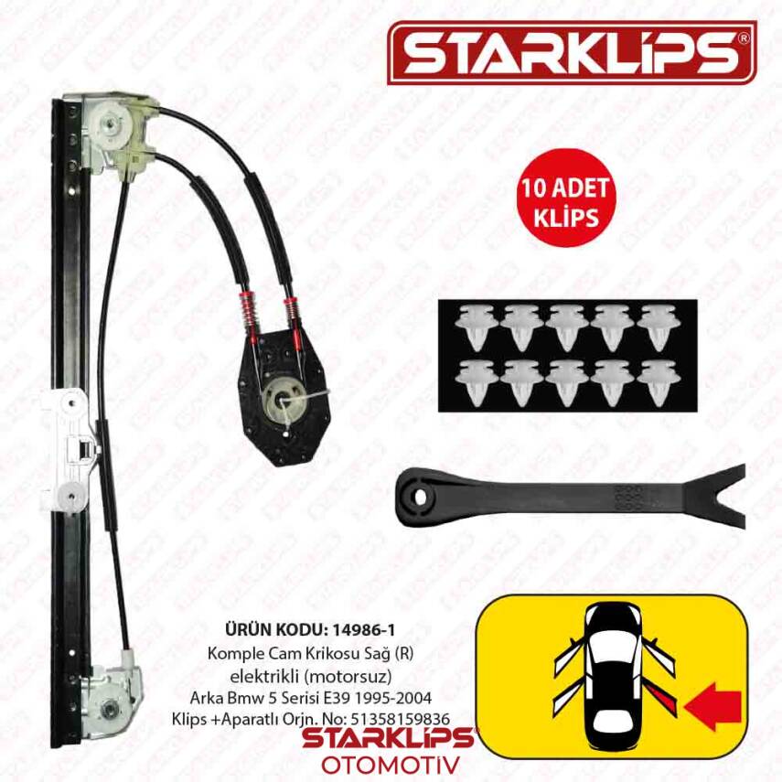 Komple Cam Krikosu Kızaklı R Arka Bmw 5 Serisi E39 1995 2004 Klips +Aparatlı 51358159836 - 1