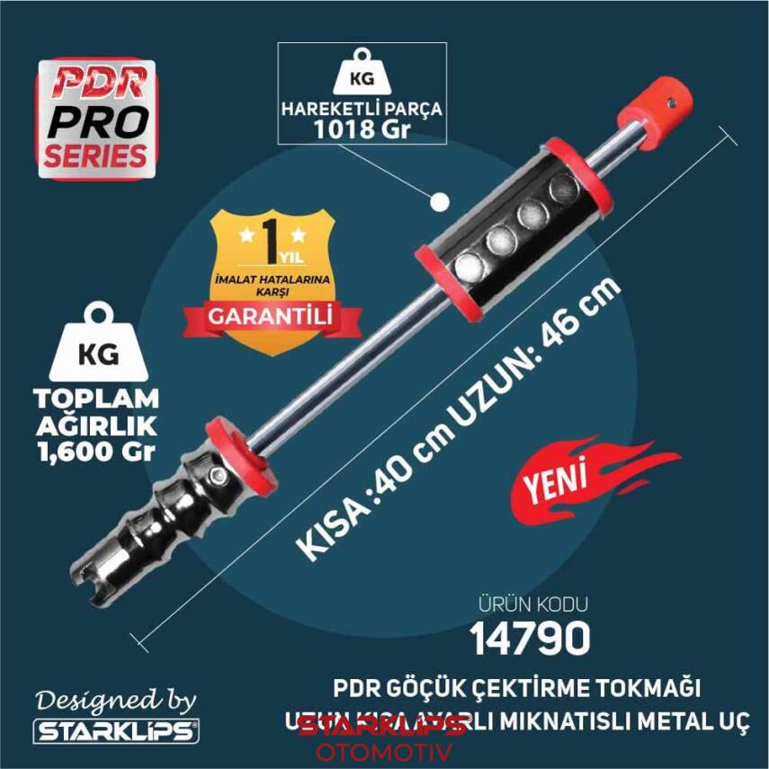 Pdr Kaporta Göçük Düz. Tokmağı Uzun Kısa Ayarlı Mil Mıknatısı Metal Uç Starklips 1,600KG K.40 U.46cm - 1