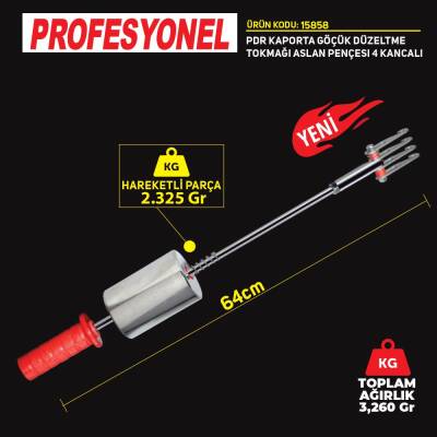 Set Pdr Kaporta Göçük Düzeltme Tokmağı Çift Yönlü Aslan Pençesi 4 Kanca Plastik Saplı 3,260Kg 79cm - 