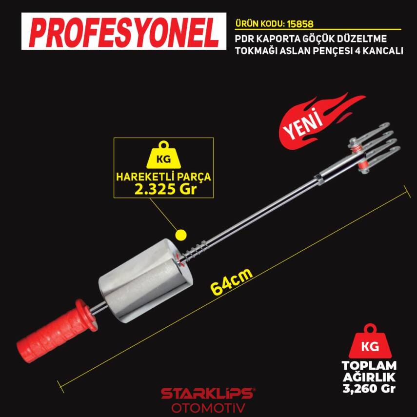 Set Pdr Kaporta Göçük Düzeltme Tokmağı Çift Yönlü Aslan Pençesi 4 Kanca Plastik Saplı 3,260Kg 79cm - 1