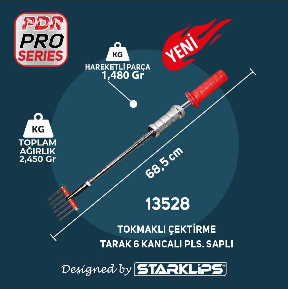 Set Pdr Kaporta Göçük Düzeltme Tokmağı Çift Yönlü Aslan Pençesi 6 Kancalı Pls Saplı 2,450Kg 68,5 cm - 1