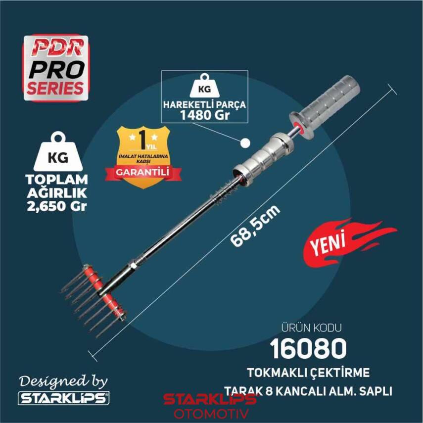 Set Pdr Kaporta Göçük Düzeltme Tokmağı Çift Yönlü Aslan Pençesi 8 Kancalı Metal Saplı 2,650Kg 68,5cm - 1