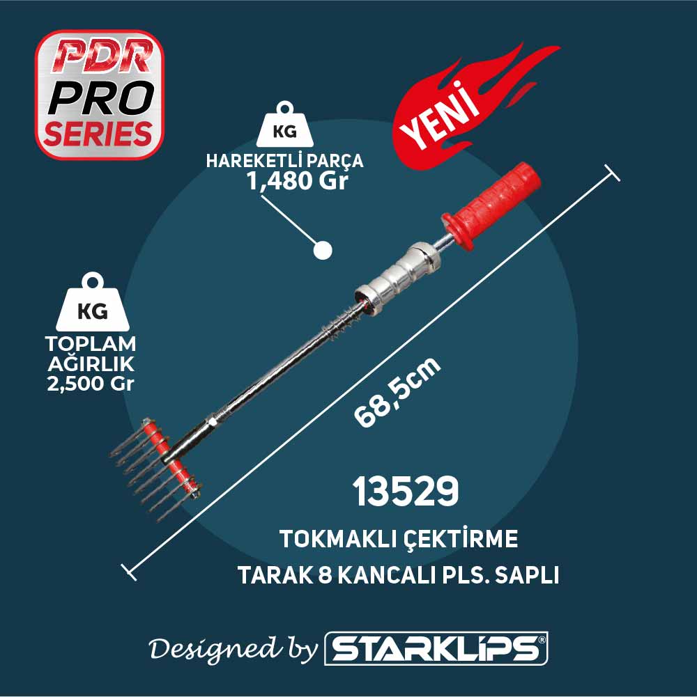 Set Pdr Kaporta Göçük Düzeltme Tokmağı Çift Yönlü Aslan Pençesi 8 Kancalı Pls. Saplı 2,500Kg 68,5 cm - 1
