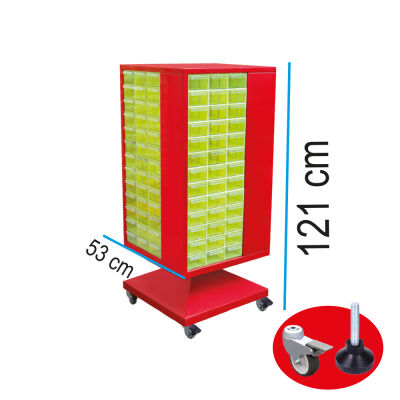 Stand Döner Dolap 156 Göz 105 Lik Çekmeceli Kırmızı Tekerlekli ve Sabit Pabuçlu - 1