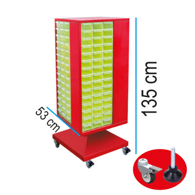 Stand Döner Dolap 180 Göz 105 Lik Çekmeceli Kırmızı Tekerlekli ve Sabit Pabuçlu - 1