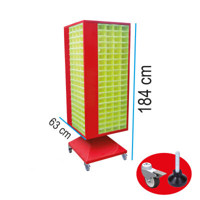 Stand Döner Dolap 320 Göz 105 Lık Çekmeceli Kırmızı Tekerlekli ve Sabit Pabuçlu - 1