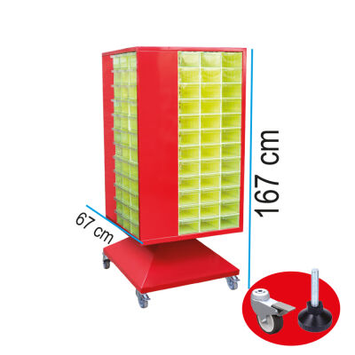 Stand Döner Dolap Sac 144 Göz 140 Lık Çekmeceli Kırmızı Tekerlekli ve Sabit Pabuçlu - 1